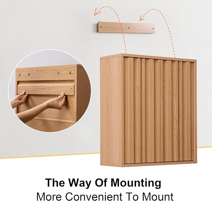 VANIRROR Fluted Bathroom Wall Cabinet Over Toilet, 15mm Thick Moisture-Resistant Wood Hanging Storage with Push-to-Open Doors, Japandi Floating Medicine Cabinet for Half Bath & Kitchen, Natural Oak