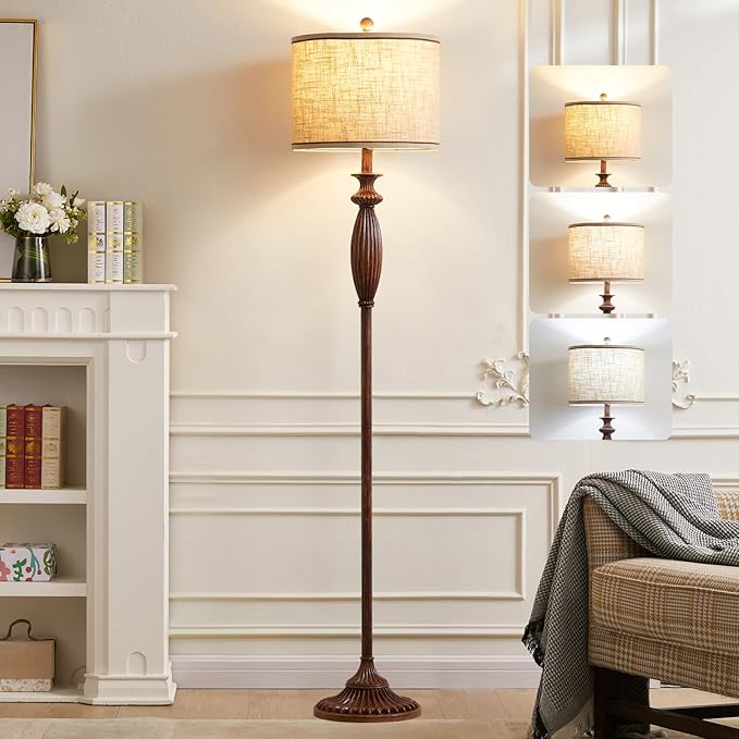 63.8" Vintage Floor Lamp with Rotary Switch, Dimmable Color Temperature Standing Lamp, Retro Farmhouse Floor Lamps for Living Room, Bedroom, Hallway, Office, Room Decor, Dark Wood Grain, Bulb Included