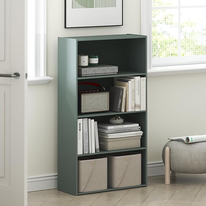 Furinno PASIR Book Shelf, 4-Tier Bookshelf, Bookcase, 9.4" x 23.6" x 41.7", for Living Room, Bedroom, Home Office, Sage Green