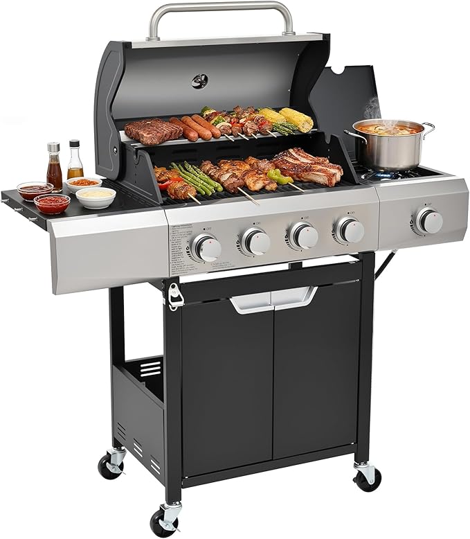 EUHOME Upgraded 51,000 BTU Stainless Steel Burner Barbecue Grill, 4 Burner BBQ Propane Gas Grill with Side Burner, 452 sq.in Cooking Area with Porcelain for Patio, Camping, Outdoor Cooking