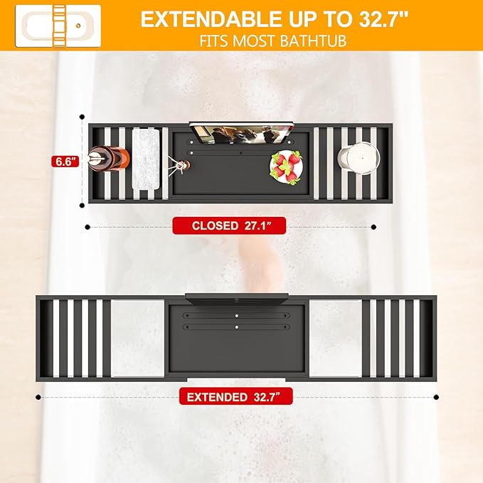 Bathtub Tray Black - Bath Tray Expandable - Bath Table Trays for Bathtub/Tub,Premium Bamboo Wooden, Fits Most Bath Tubs
