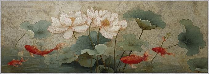 Lotus Flower Runner Rug 3x7, Koi Fish Design, Asian Art Area Rug, Washable Carpet Runner for Bedroom, Standard Hallways, Kitchen Walkway, Dining Room Sideboard