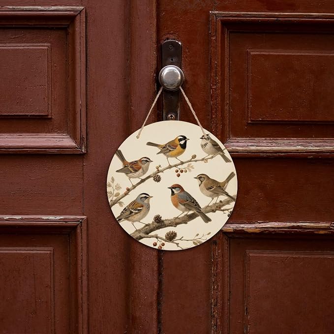 VstaDank Vintage Bird Wall Decor Round Wood Hanging Sign 7.9x7.9 in Wooden Circle Door Hanger with Ropes, Rustic Wall Art Decor for Home Front Door Indoor Outdoor Decoration