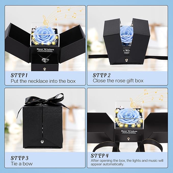 Christmas Birthday Gifts for Women - Preserved Real Rose with I Love You Heart 100-Language Necklace, LED Lights & Music Gift Box, Christmas for Women Girlfriend Mom