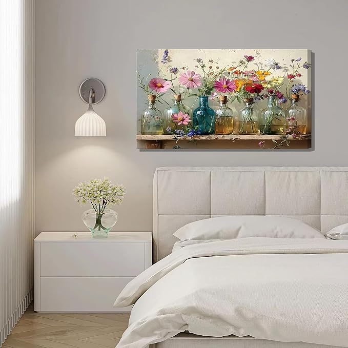1Pcs Framed Retro Farmhouse Flowers Canvas wall art Colorful wildflowers Posters Prints Colored glass bottles Artwork Pictures Printing Wall Decor for Living Room Bedroom Bathroom Home Decoration
