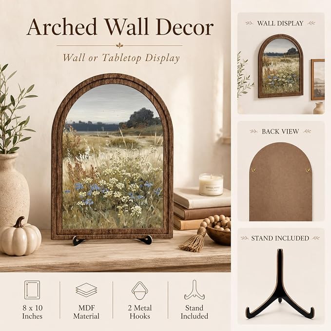 Rustic Farmhouse Tabletop Decor Sign, Arched Wooden Frame Wildflower Meadow Artwork for Desk Shelf Display, Soft Floral Landscape Accent, Gift for Home Decor Lovers