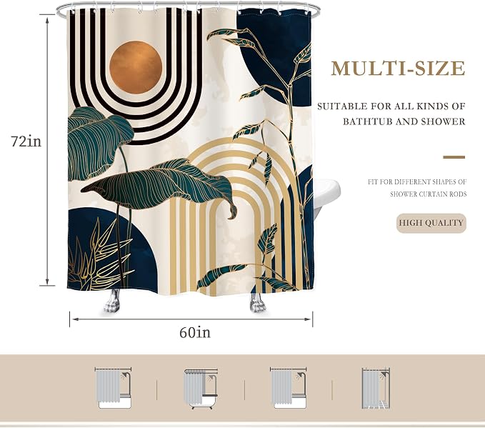 Glawry Blue Abstract Mid Century Shower Curtain Boho Retro Tropical Palm Tree Sun Arch Modern Bathroom Aesthetic Geometric 60Wx72L Inches Bath Accessories Art Home Decor Fabric 12 Pack Hooks