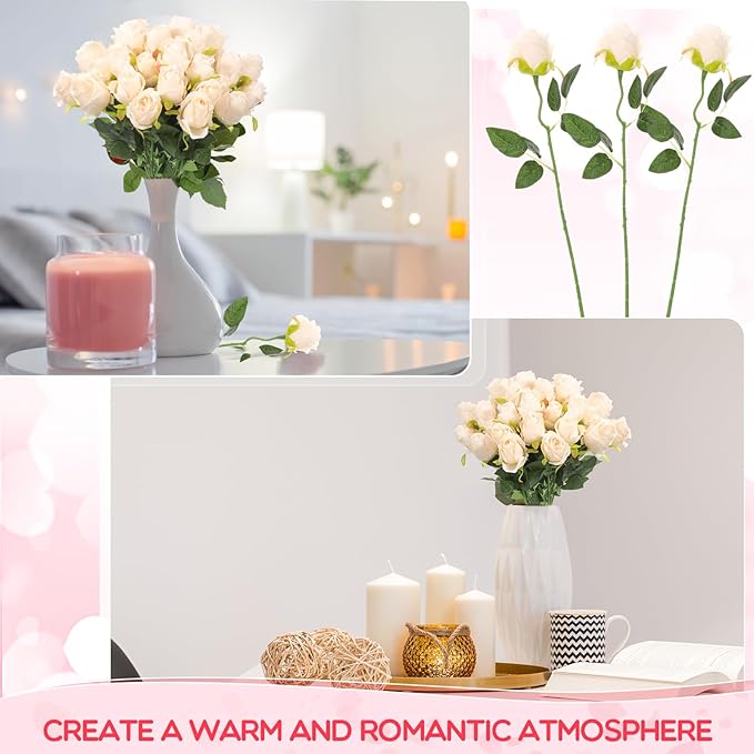 Jexine 50 Pcs Artificial Rose Flower Bulk Realistic Silk Fake Roses with Long Stem Plastic Artificial Flower Bouquet Real Looking for Home Wedding Centerpieces Party Decoration(Beige Champagne)