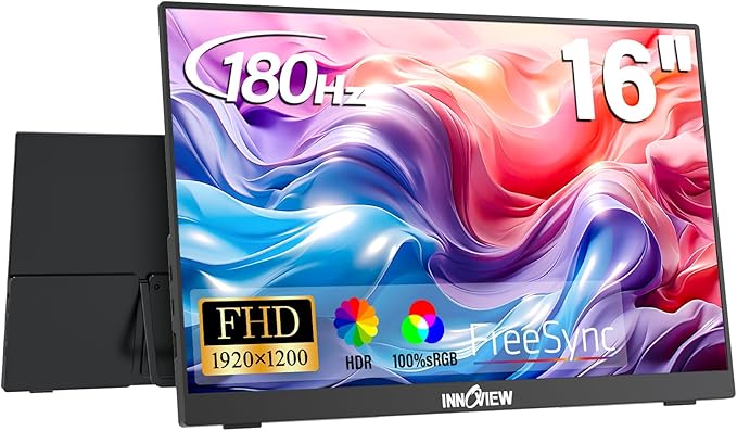 InnoView 16-inch 180Hz Portable Monitor FHD1920×1200 100% sRGB Laptop Screen Extender | 2 x Type-C & HDMI 16:10 Portable Monitor Compatible with 144hz/Macbook/Switch/PS5/Xbox