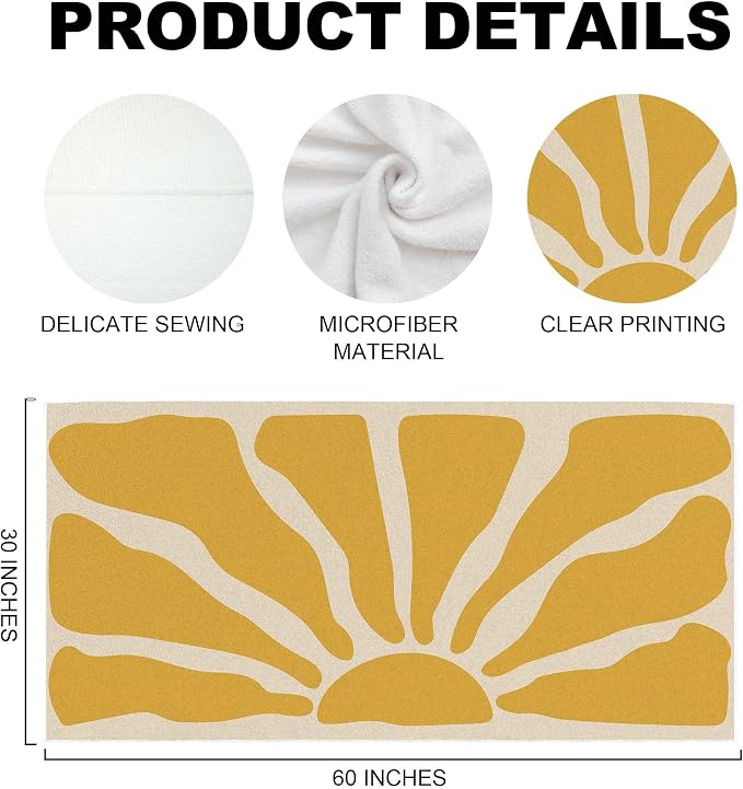 Boho Sunshine Beach Towel, Boho Bathroom Decor, Groovy Retro 60s 70s Sunshine Yellow Oversized Bath Pool Swim Towels Blanket for Bathroom Travel Swimming Camping Sport, 30x60 Inch