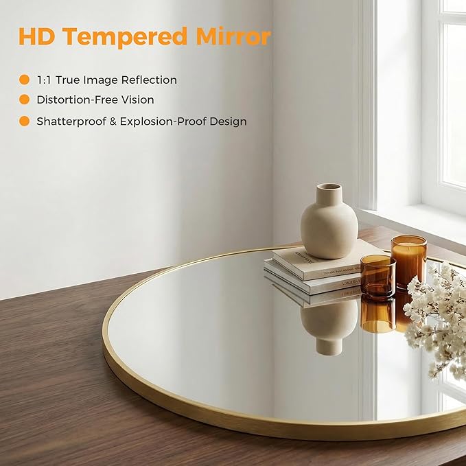 36 Inch Gold Round Bathroom Wall Mirror, Round Mirrors for Wall Decor, Circle Mirror for with HD Shatter-Proof Glass for Entryway, Living Room, Bedroom, Dressing Room, Home Decor