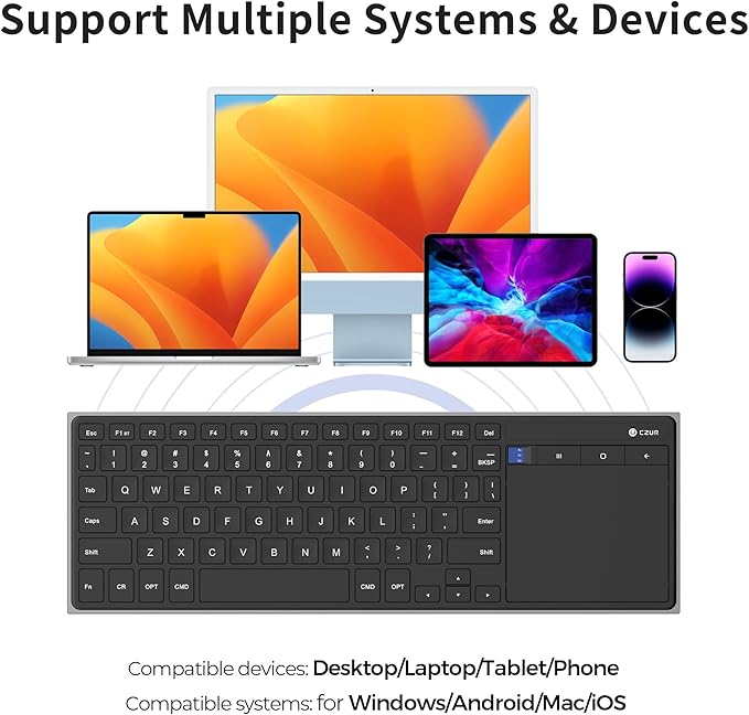 CZUR Rechargeable Bluetooth Keyboard with Touchpad, Portable Computer Keyboard with Trackpad, Wireless Ultra Slim Keyboard for PC/Laptop/Tablet/Phone, for Windows/Android/Mac/iOS