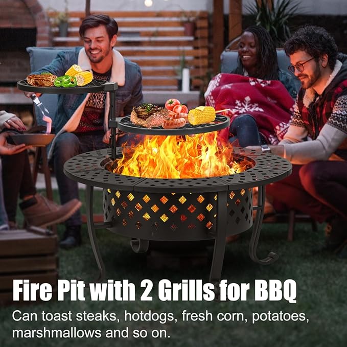Panovue 36 Inch Fire Pit with 2 BBQ Grills, Wood Burning Fire Pits for Outside with Lid & Fire Poker, BBQ& Outdoor Firepit & Round Metal Table 3 in 1 for Patio, Picnic, Party