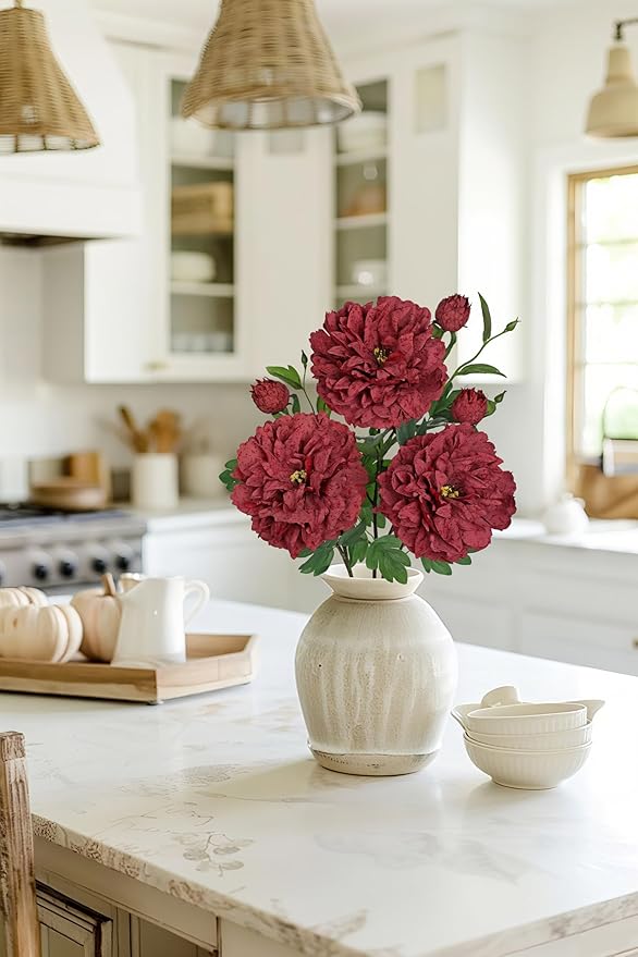 Dark Red Peonies Artificial Flowers 3Pcs Fall Flowers for Fall Decoration 27.5" Real Touch Silk Faux Peony Flower with Stems for Home Autumn Floral Arrangement Vase Table Centerpieces Bouquet Decor