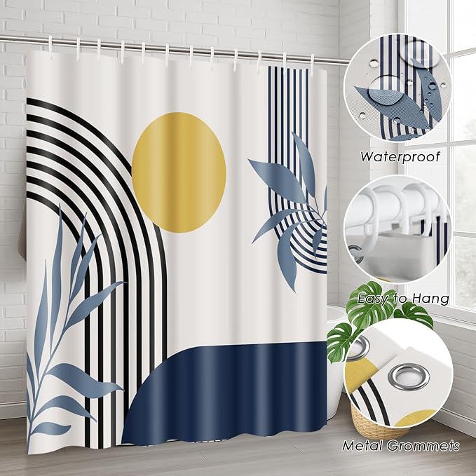 Boho Mid Century Shower Curtain Set with Toilet Lid Cover and Non-Slip Rugs, Abstract Geometric 4 Pcs Modern Minimalist Blue Yellow Vintage Shower Curtain for Bathroom Set with 12 Hooks