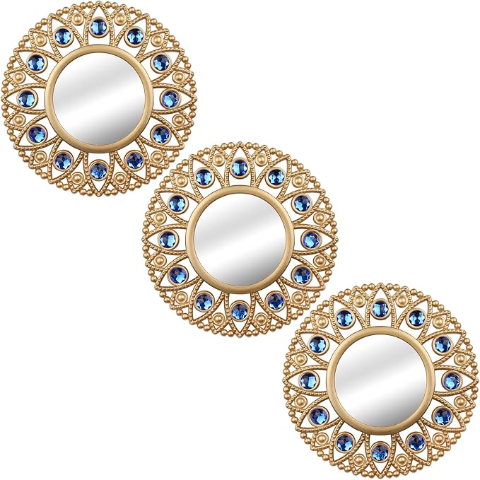 DXYAKY Gold Round Decorative Wall Mirrors Set of 3, Lightweight Plastic Framed Mirrors with Blue Crystal Accents, 9.8 Inch Vintage Boho Wall Decor for Livingroom, Bedroom, Entryway