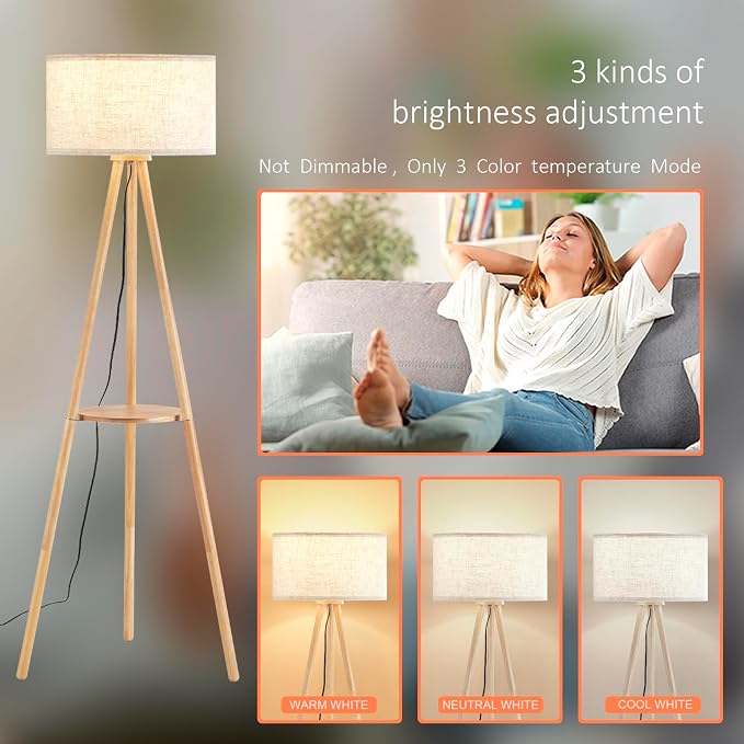 Wood Tripod Floor Lamp with Shelf & 3 Color Temparature LED Bulb, Modern Nordic Wooden Standing Floor lamp Linen Shade for Living Room, Bedroom, Office, ETL Listed/Natural Wood Color