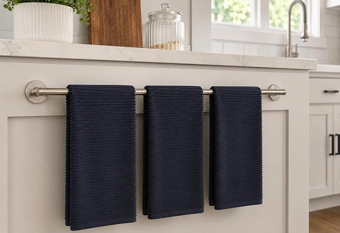 Serafina Home Oversized Solid Color Dark Navy Blue Kitchen Dish Towels: 100% Cotton Cloth Soft Cleaning Drying Absorbent Ribbed Terry Loop, Set of 3 Multipurpose for Everyday Use (Navy Blue)