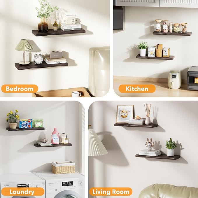 Solid Wood Live Edge Floating Shelves Set of 2 – 24" Rustic Wall Shelf with Hidden Bracket System, Wall Mounted Shelves for Bathroom, Kitchen, Living Room, Bedroom (Grey)