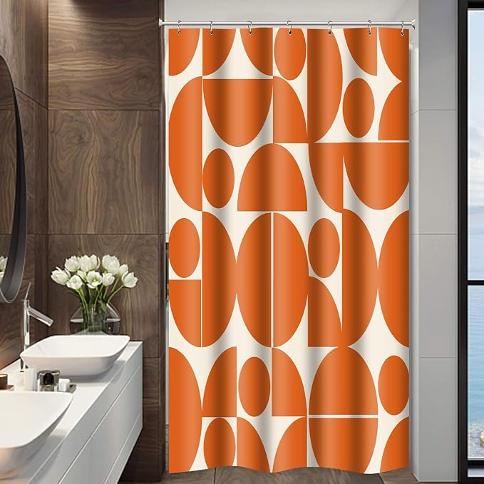 Vintage Orange Mid Century Modern Shower Curtain Boho Abstract Geometric Art Shower Curtains for Bathroom Decor 36x72 Inch 70s 80s Retro Washable Fabric Bathroom Set with 6 Hooks