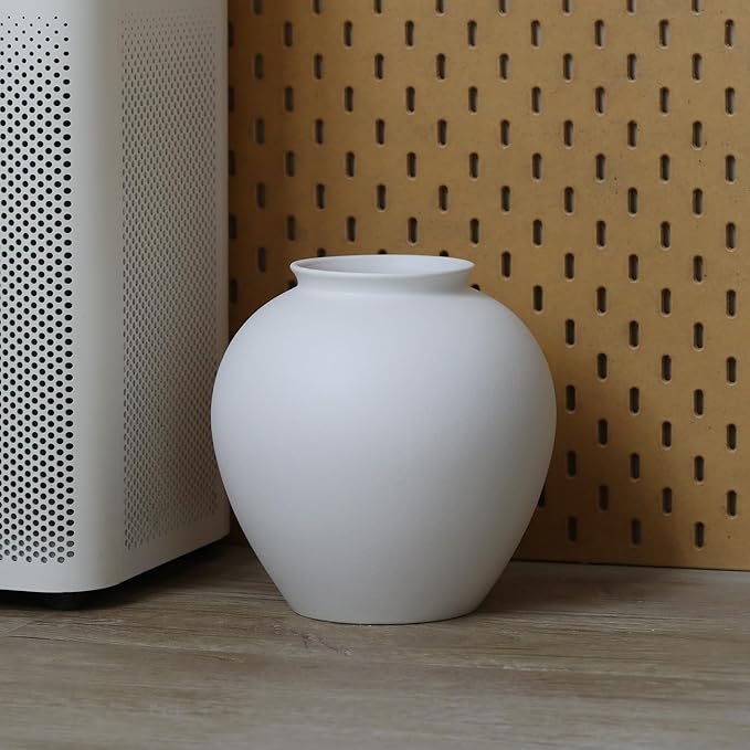 Large Matte White Ceramic Flower vase, Modern Centerpiece Table Decorations,Round Shape Rustic Ceramic vases for Home Decor Dining Room Decorative Jar (White, 0617)