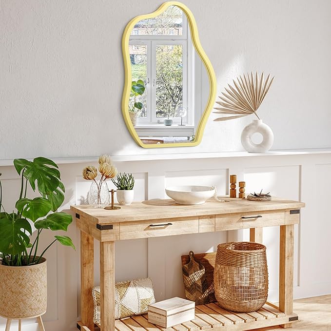 Yellow Irregular Wooden Framed Mirror Hanging Asymmetrical Mirror for Wall Modern Wall Mirror Unique Shape Decorative Vanity Bathroom Living Room Bedroom Entryway Hallway Artistic Large Mirrors