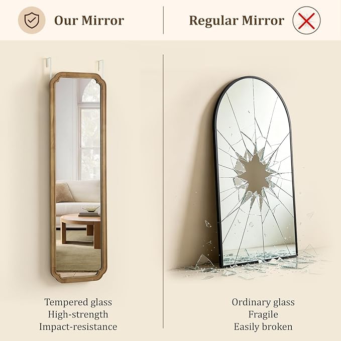 WallBeyond 48" x 14" Full Length Door Mirror with Rustic Rounded Corner Wood Frame, Over the Door Hanging Mirror for Bedroom, Closet, Dressing Area and Entryway, Natural