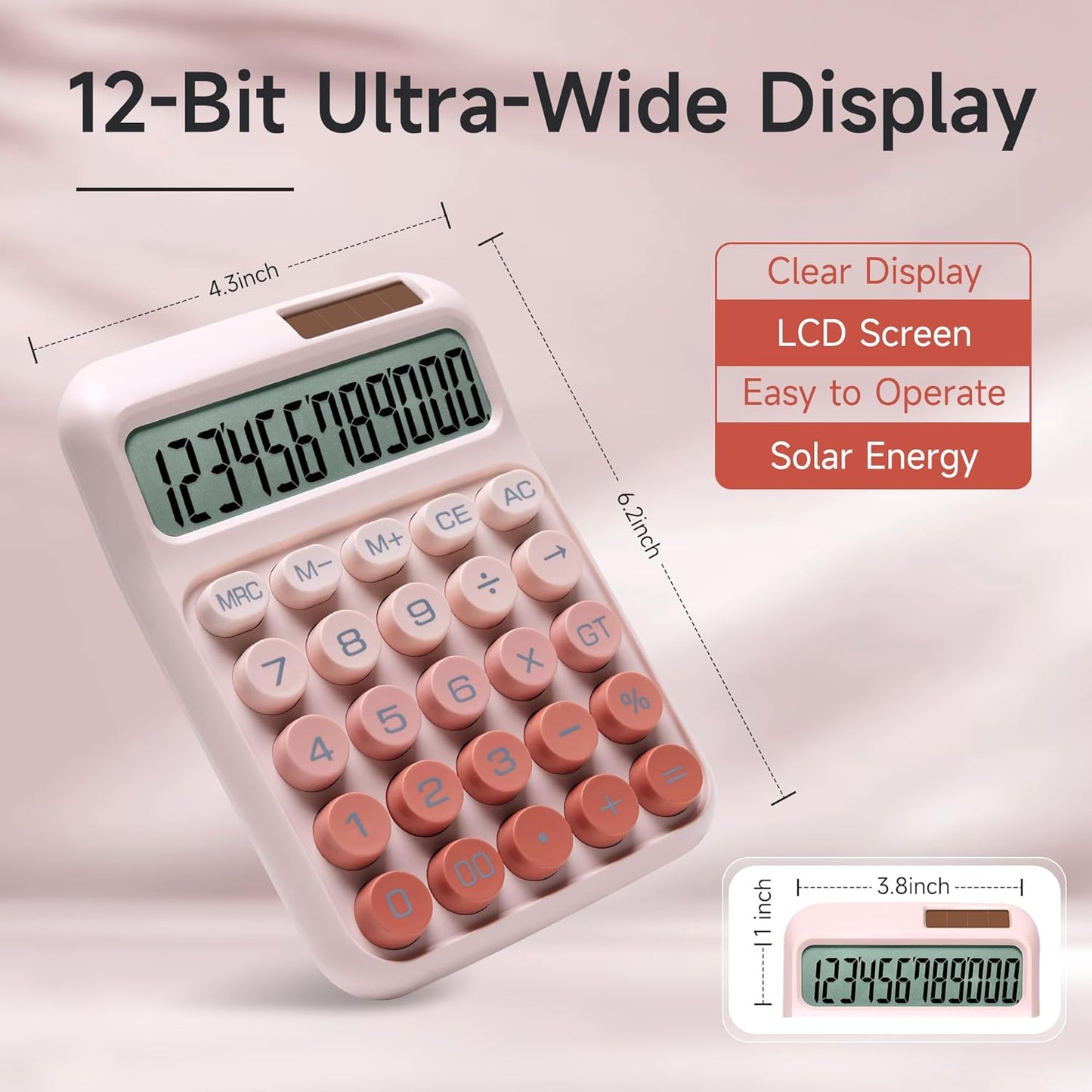Skiennix Desk Calculator - 12 Digits, Large LCD Display, Solar & Battery Power | Ombre Pink