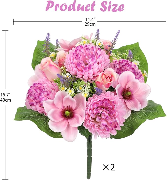 Hollyone Set of 2 Artificial Cemetery Flower for Graves Cemetery Memorial Flowers for Outdoor Grave Decorations Silk Flower Arrangements Pink Chrysanthemum Rose Floral Flowers Bouquets