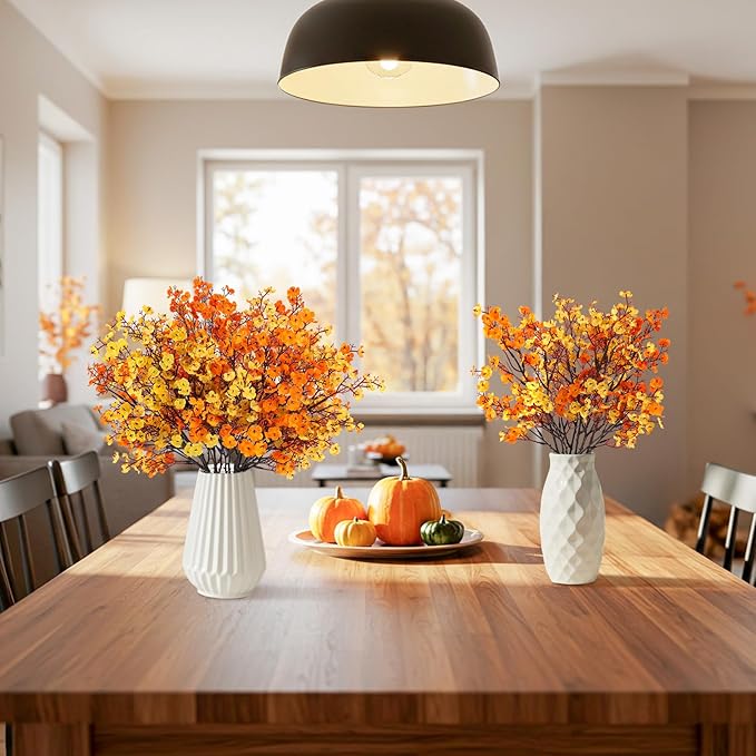 8Pcs Babys Breath Artificial Fake Fall Flowers, Real Touch Orange Yellow Plants Silk Flowers for Vase Home Office Wedding Indoor Outdoor Centerpiece Table Party Autumn Christmas Decorations