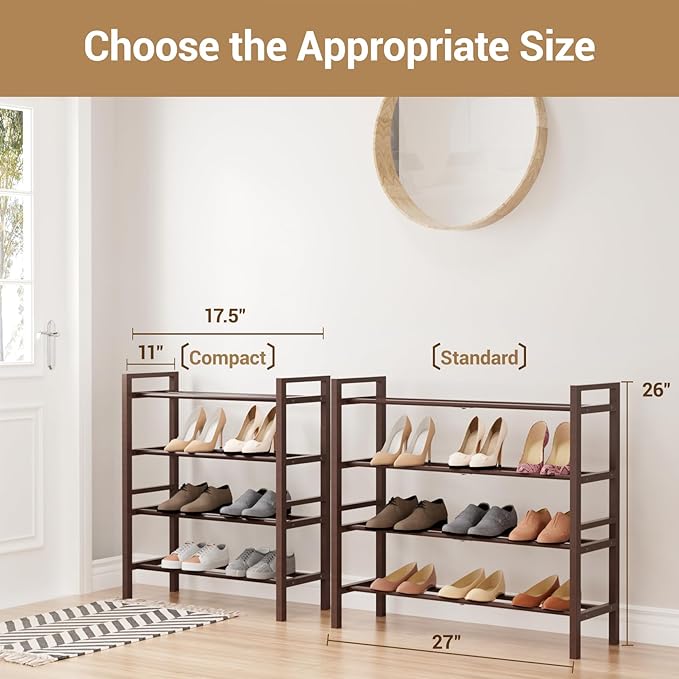 Haddockway Bamboo Shoe Rack for Closet, Free Standing Shoe Organizer with Smooth Round Rods & Convenient Handles, Stackable Shoe Storage Shelf for Entryway, Hallway(Brown, 4-Tier)