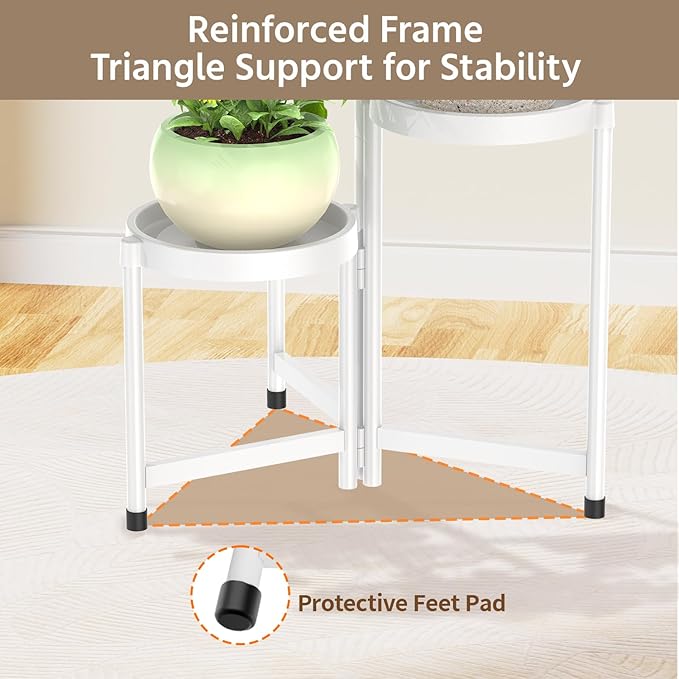 LASZOLA 3 Tiered Plant Stand Indoor Outdoor with Plastic Tray, Corner Folding Tall Flower Display Rack, Modern Plant Holder Shelf for Outdoor Patio Porch Garden Office Living Room, White