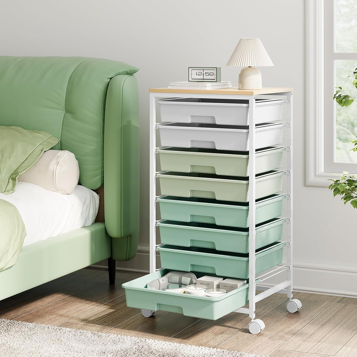 Skiennix Storage Cart - 8 Drawer Utility Cart with White Drawers & Wooden Tabletop | Ideal for Classroom & Office Organization, Green
