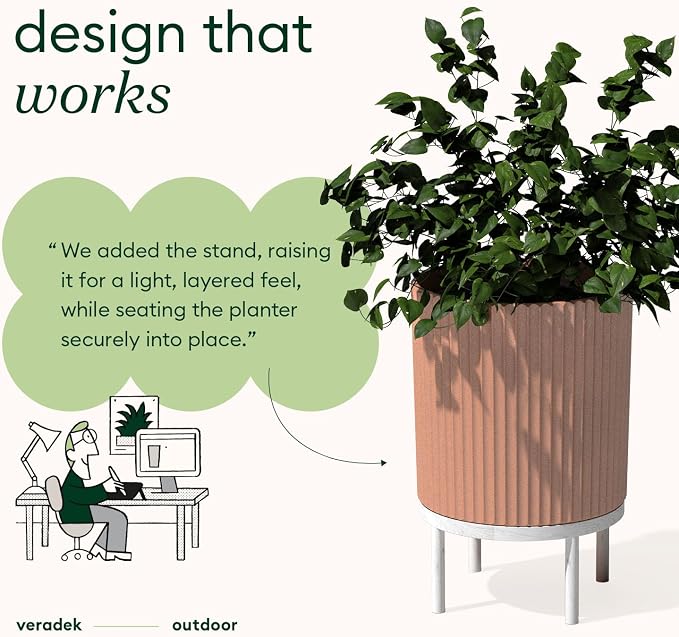 Veradek Demi Series Round Planter w/Stand for Porch/Patio | Durable Plastic-Stone Composite & Wooden Stand | Modern Décor for Tall Plants, Flowers