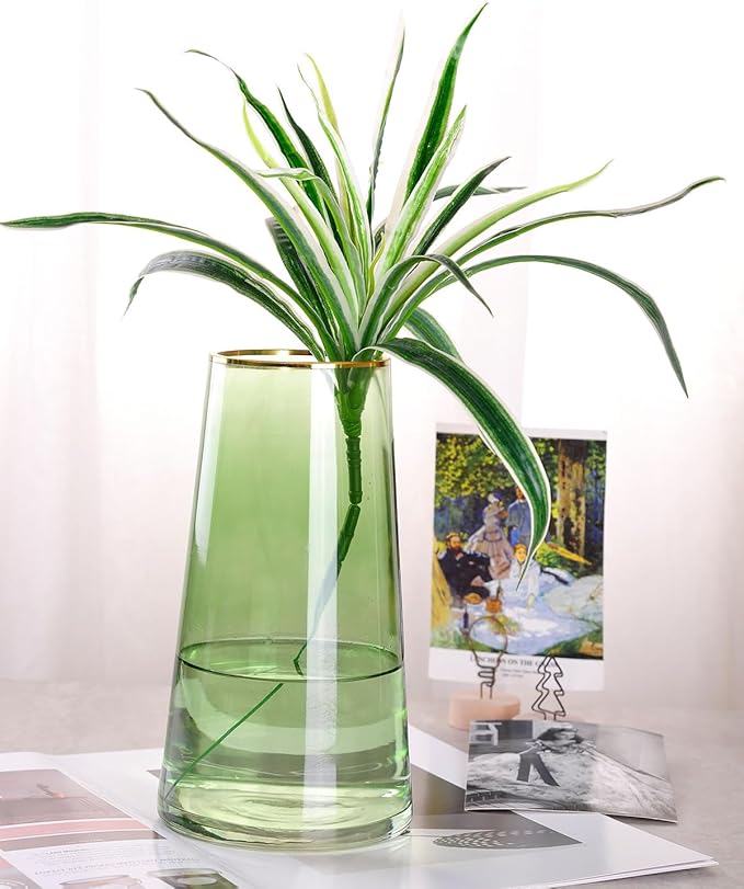 WHJY 9 inch Green Clear Glass Vase for Table Centerpieces Home Décor, Flower vase Modern Glass Bottles Decorative-Green