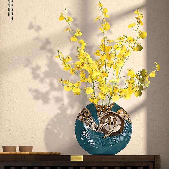 Luxury Green & Gold Ceramic Vase with Lovebird Design, Modern Home Decor for Living Room, Entryway, Bookshelf, Perfect for Dried Flowers, Faux Plants, Wedding & Housewarming Gift(Vase)