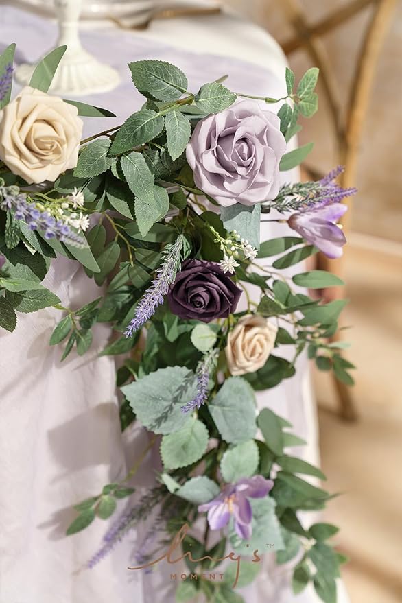 Ling's moment 9FT Eucalyptus and Willow Leaf Garland with White Flower, Handcrafted Wedding Sweetheart Table Centerpieces Head Table Decor Arch Backdrop Decorations for Wedding | Lavender Purple