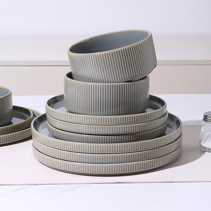 MONITO Ceramic Dinnerware Sets for 4, 12PCS Stoneware Plates and Bowls Sets, Reactive Glaze Dish Set, Chip and Scratch Resistant Double, Microwave and Dishwasher Safe, Sage Mist