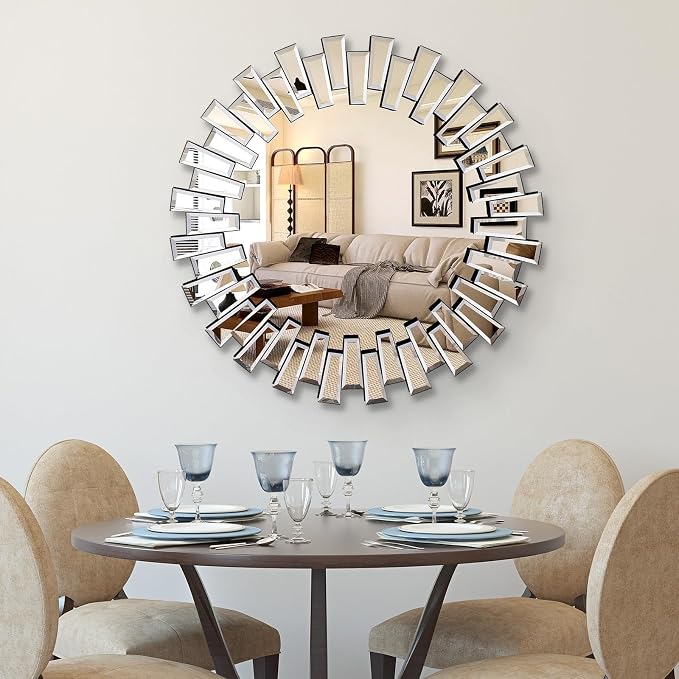 QDSSDECO Round Mirror Sunburst Wall Mirror 24" Beveled Edge Frameless for Living Room Bathroom Bedroom Entryway Decor