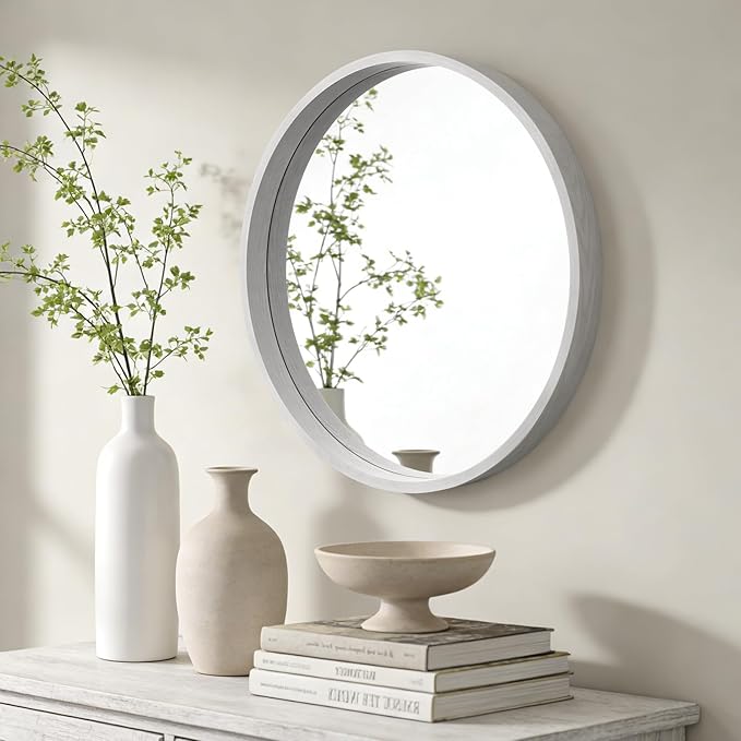 WallBeyond 24 Inch Round Wood Mirror, Circle Wooden Frame Wall Mirror for Bathroom, Living Room, Bedroom, Entryway (White)