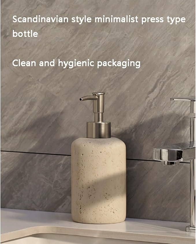 Beige Liquid Stone Hand Soap Dispenser - 10oz 15oz Refillable Bathroom Sandstone Soap Dispenser Pump Shampoo Bottles for Bathroom Kitchen, Cylinder
