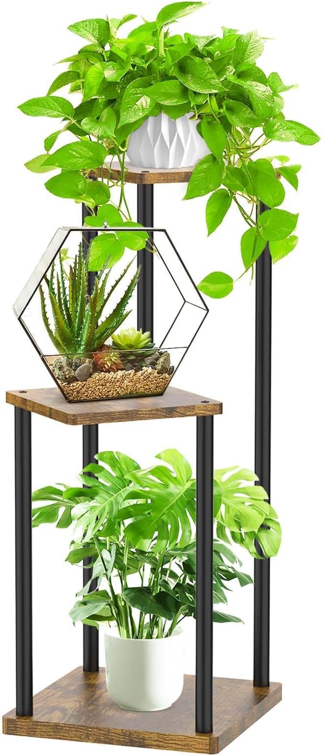 Oppro 3 Tier Corner Plant Stand Indoor, Metal Wood Flower Pot Holder Shelf, Multiple Display Rack Square Table for Living Room Bedroom Orchid Outdoor Balcony Garden Patio, Modern Black & Rustic Brown