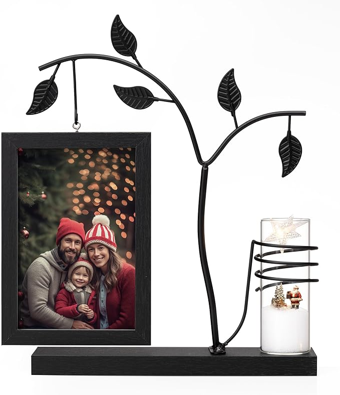 Afuly 4x6 Picture Frame Black with Metal Stand Glass Vase, Double Sided Glass Photo Frames, Wood Picture Frames Desk Modern Home Decor Anniversary wedding Gift for Couple Grandma Mom