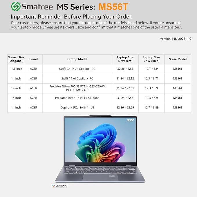 Smatree MS56T Hard EVA Protective Sleeve with Stand Compatible for 14 inch Acer Swift 14 AI Copilot+PC, for 14.5 inch Acer Swift Go 14 AI Copilot+PC, for 14inch Predator Triton 300 SE PT314/Triton 14