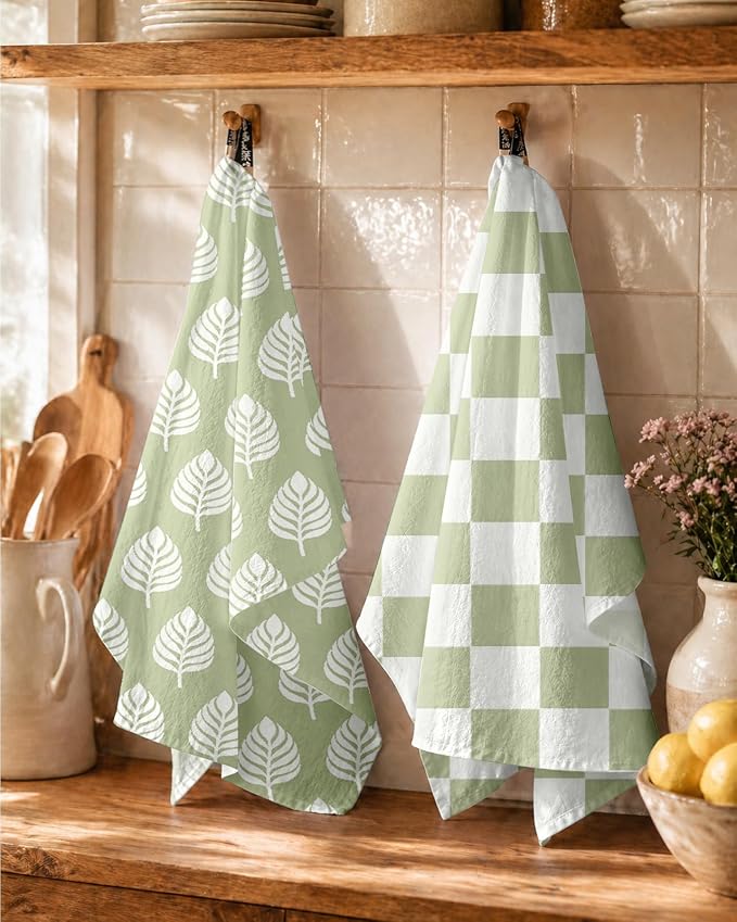 Miss Adola 2 Pack Flour Sack Kitchen Towels - 16x26 Inch Cotton Dish Towels with Hanging Loop Reusable Geometric Boho Modern Retro Tea Towel Absorbent Dishcloths Home Decor, Green Leaf