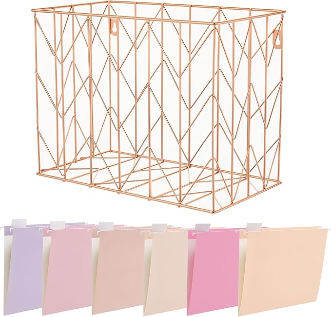 Beramon Hanging File Folder Kit Includes 1 Rose Gold Hanging File Desk Organizer and 24 Pack Hanging File Folders Letter Size with 1/5 Cut Tabs Design for School Office Home Supplies, Pink Design