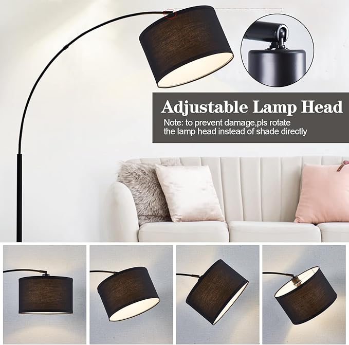 Luvkczc Arc Floor Lamps for Living Room, Dimmable Floor Lamp with Adjustable Head, Black Finish Modern Floor Lamp, Over Couch Tall Standing Hanging Light for Reading, Bedroom, Office, Bulb Include