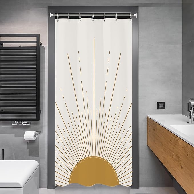 Miyotaa Stall Abstract Sun Shower Curtain Set 36Wx71H Inches Half Small Modern Minimalist Mid Century Aesthetic Sunburst Sunrise Simple Polyester Waterproof Bathroom Curtain with Hooks