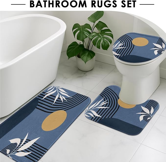 Boho Mid Century Shower Curtain Set with Toilet Lid Cover and Non-Slip Rugs, Abstract Geometric Blue Background 4 Pcs Modern Minimalist Vintage Shower Curtain for Bathroom Set with 12 Hooks