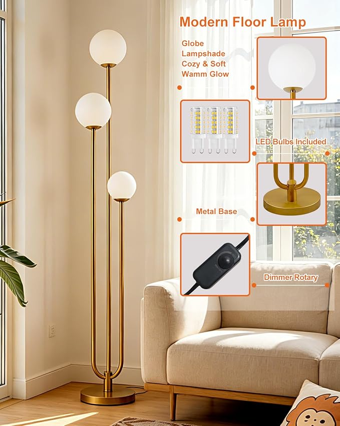 63IN 3-Light Dimmable Floor Lamp, Unique Gold Tall Standing Lamps with 3000K G9 Bulbs for Reading, Mid Century Modern Floor Lamp with 5Lbs Heavy Base for Living Room Bedroom Home Office